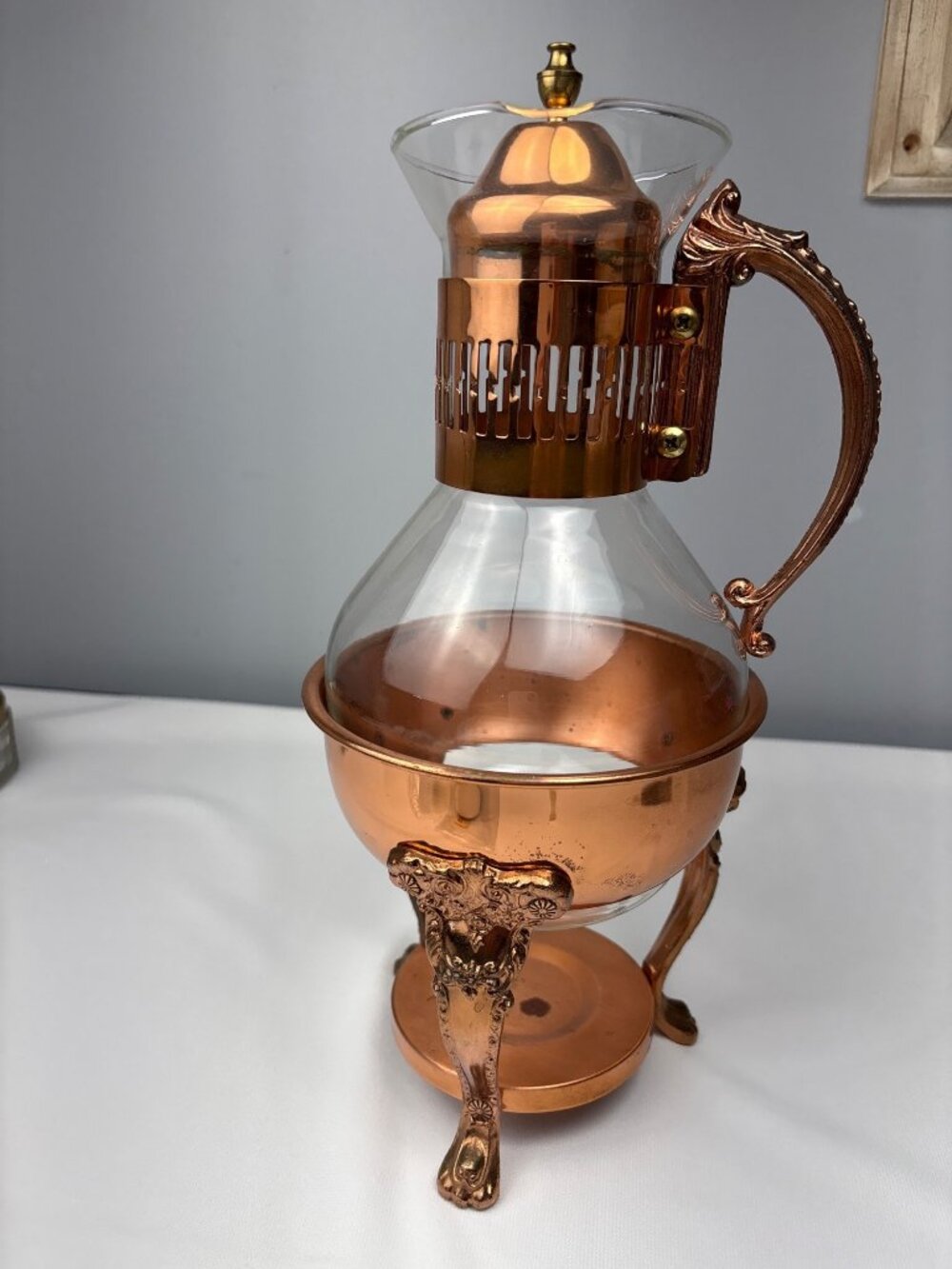 Princess House Copper Brass Coffee/Tea Carafe Lid Ornate Stand Vintage